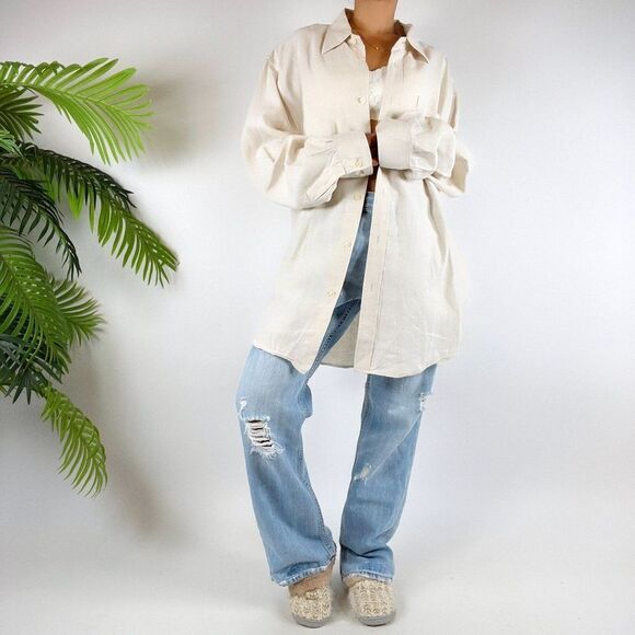 Vintage Y2K Coastal Chic Beachy Boho Oversized Linen Button Up Shirt / Size: XL - Picture 3 of 6